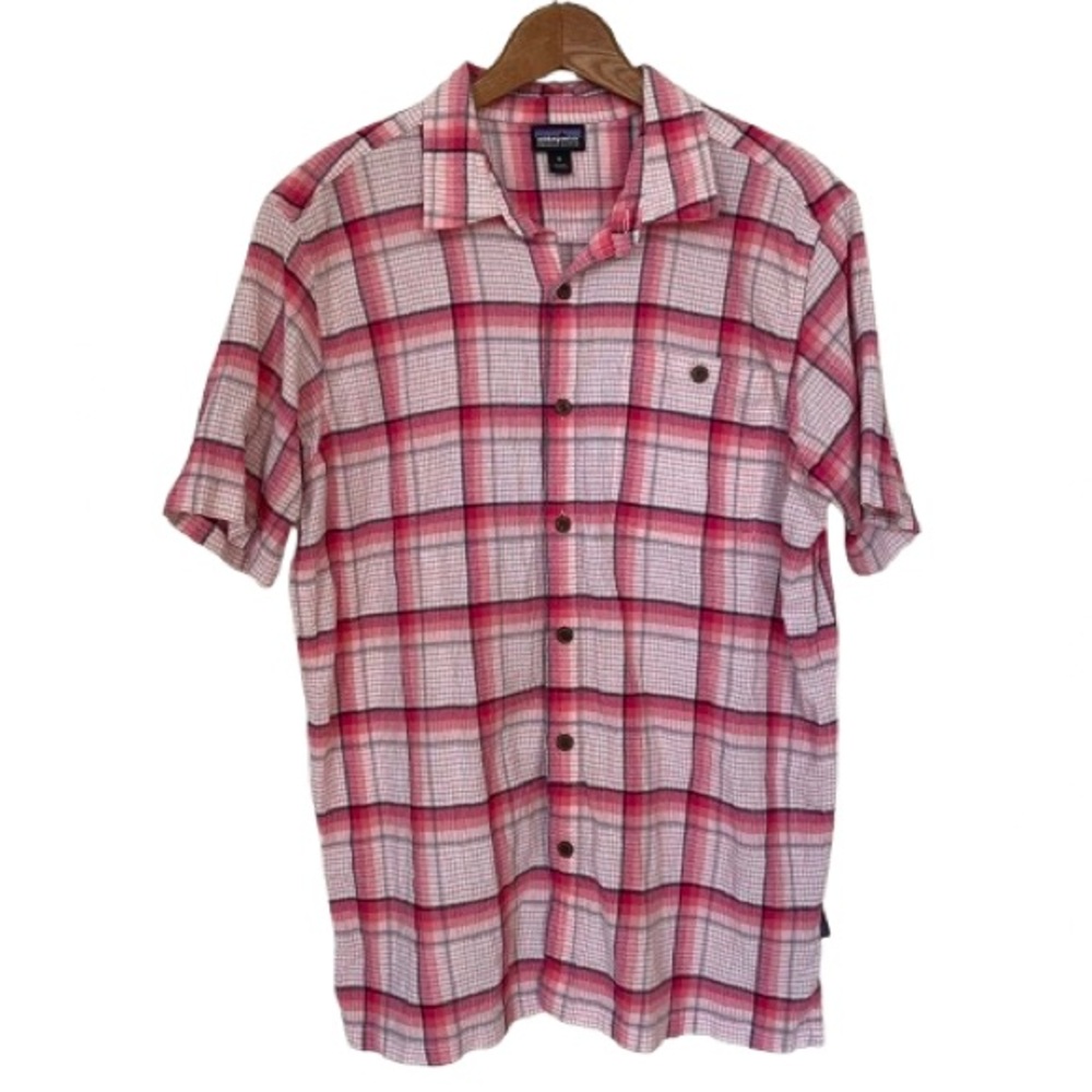 Patagonia Mens Pink Plaid Shirt Size M Button Down Organic Cotton Outdoor Casual